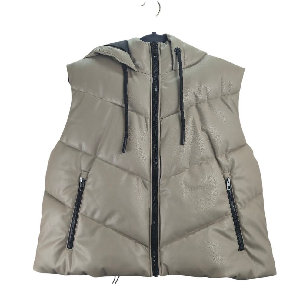 Zara Faux Leather Hooded Puffer Vest Vegan Mink Tan Large